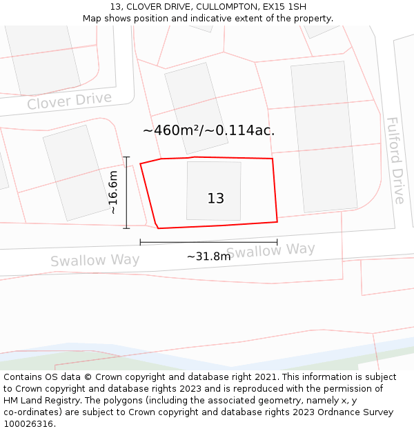 13, CLOVER DRIVE, CULLOMPTON, EX15 1SH: Plot and title map