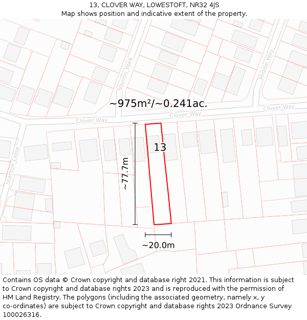 13, CLOVER WAY, LOWESTOFT, NR32 4JS: Plot and title map