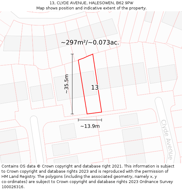 13, CLYDE AVENUE, HALESOWEN, B62 9PW: Plot and title map