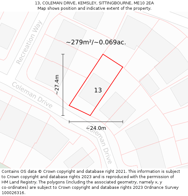 13, COLEMAN DRIVE, KEMSLEY, SITTINGBOURNE, ME10 2EA: Plot and title map