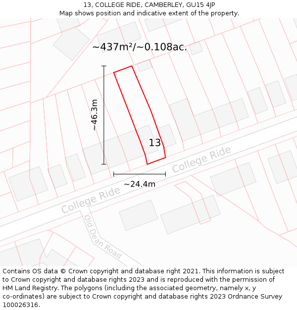 13, COLLEGE RIDE, CAMBERLEY, GU15 4JP: Plot and title map