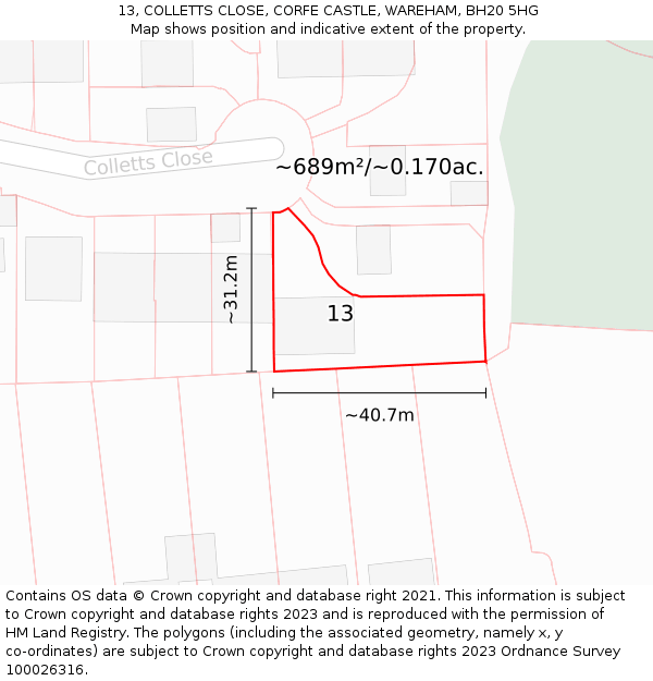 13, COLLETTS CLOSE, CORFE CASTLE, WAREHAM, BH20 5HG: Plot and title map