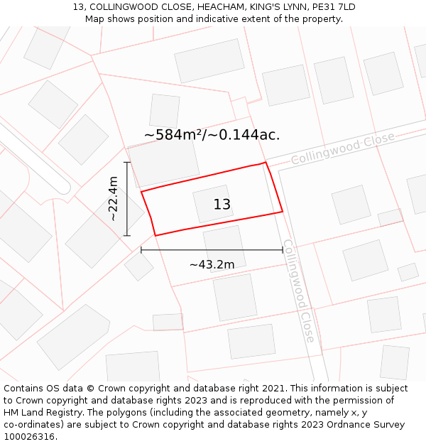 13, COLLINGWOOD CLOSE, HEACHAM, KING'S LYNN, PE31 7LD: Plot and title map