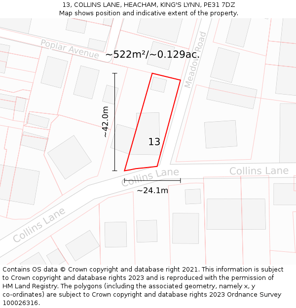 13, COLLINS LANE, HEACHAM, KING'S LYNN, PE31 7DZ: Plot and title map