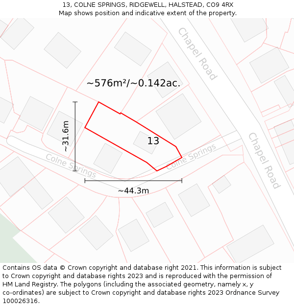 13, COLNE SPRINGS, RIDGEWELL, HALSTEAD, CO9 4RX: Plot and title map