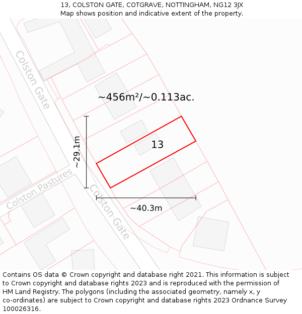 13, COLSTON GATE, COTGRAVE, NOTTINGHAM, NG12 3JX: Plot and title map