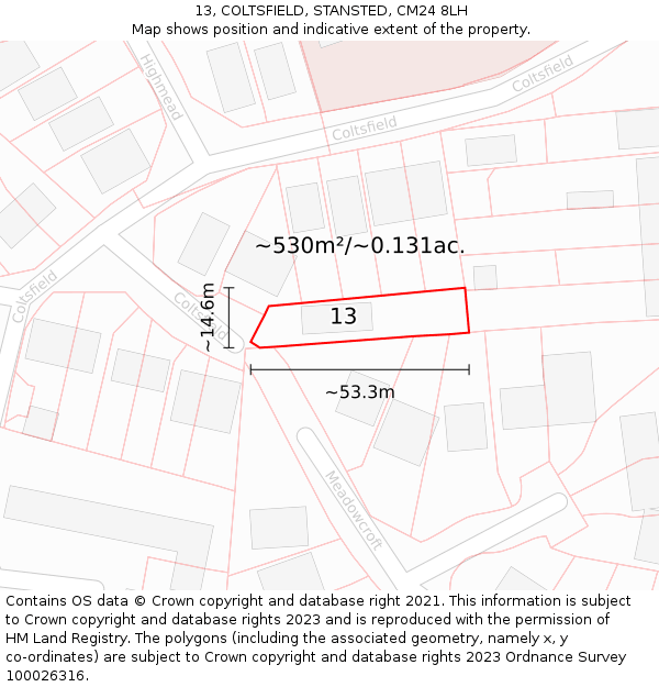 13, COLTSFIELD, STANSTED, CM24 8LH: Plot and title map