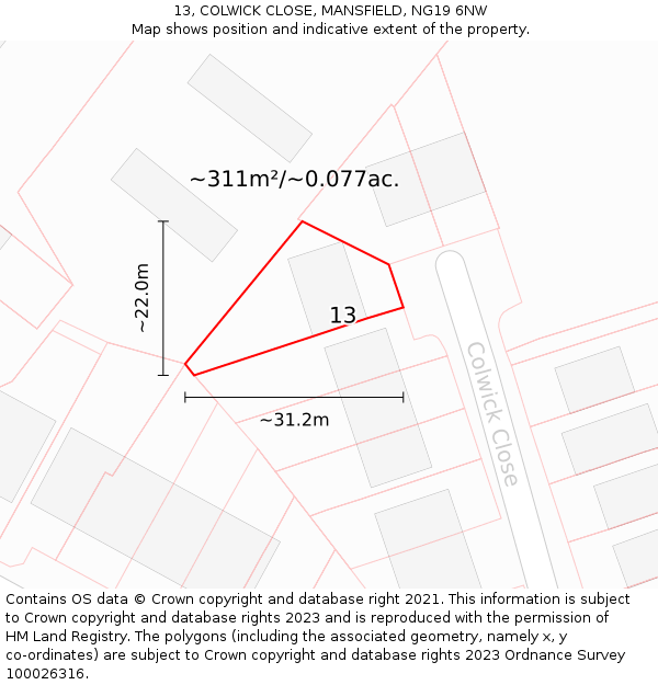 13, COLWICK CLOSE, MANSFIELD, NG19 6NW: Plot and title map