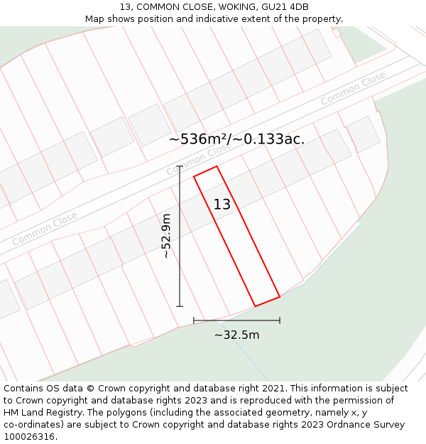 13, COMMON CLOSE, WOKING, GU21 4DB: Plot and title map