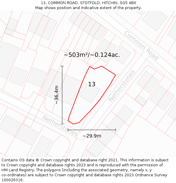 13, COMMON ROAD, STOTFOLD, HITCHIN, SG5 4BX: Plot and title map