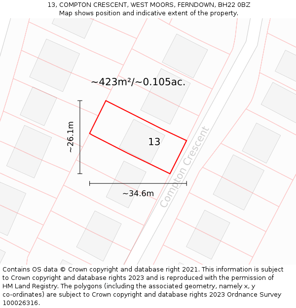 13, COMPTON CRESCENT, WEST MOORS, FERNDOWN, BH22 0BZ: Plot and title map