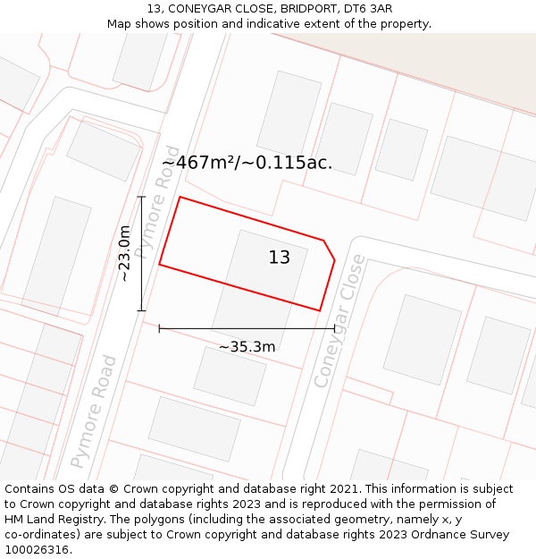 13, CONEYGAR CLOSE, BRIDPORT, DT6 3AR: Plot and title map