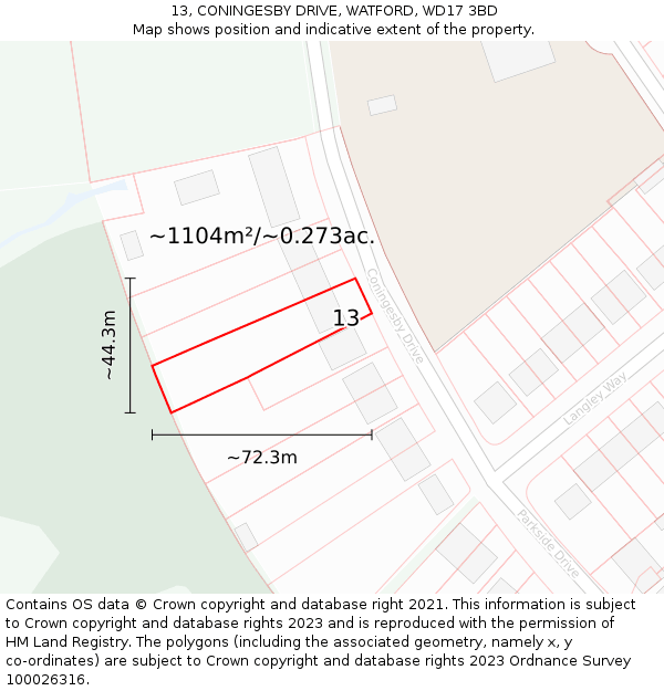 13, CONINGESBY DRIVE, WATFORD, WD17 3BD: Plot and title map