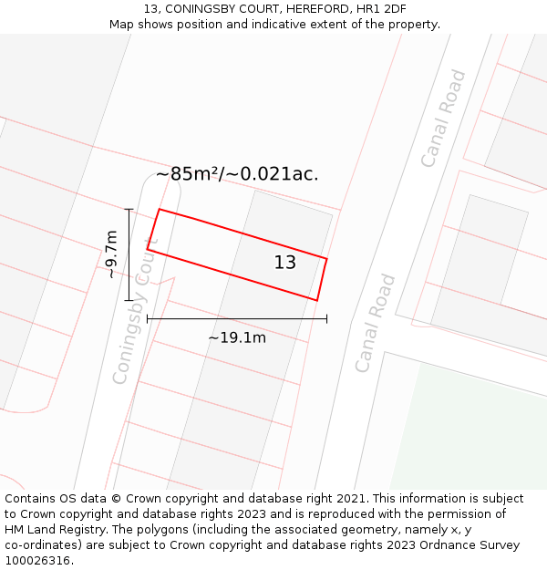 13, CONINGSBY COURT, HEREFORD, HR1 2DF: Plot and title map