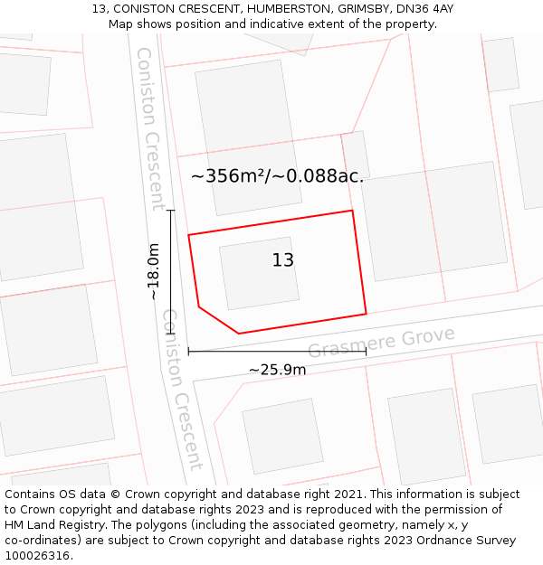 13, CONISTON CRESCENT, HUMBERSTON, GRIMSBY, DN36 4AY: Plot and title map