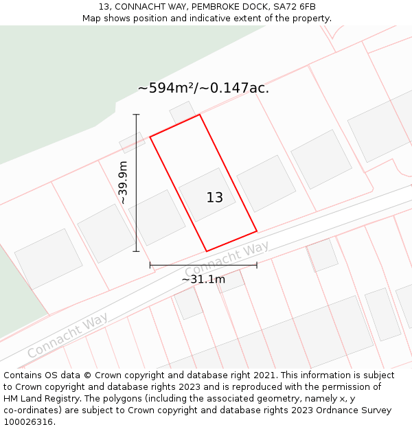 13, CONNACHT WAY, PEMBROKE DOCK, SA72 6FB: Plot and title map