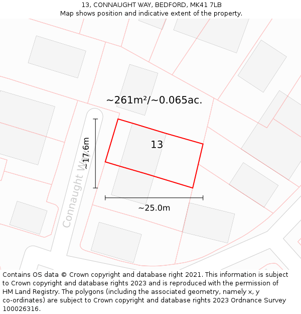13, CONNAUGHT WAY, BEDFORD, MK41 7LB: Plot and title map