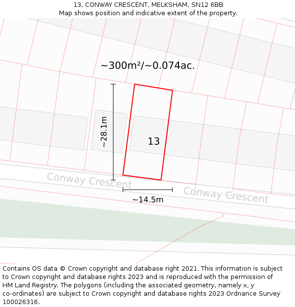 13, CONWAY CRESCENT, MELKSHAM, SN12 6BB: Plot and title map