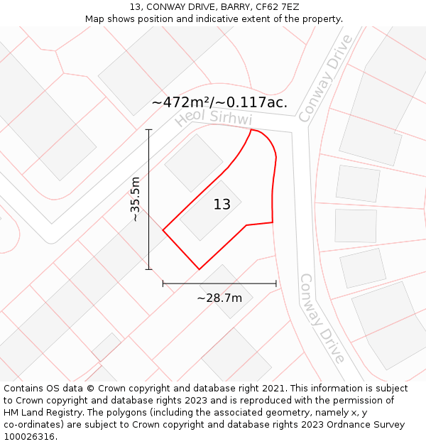 13, CONWAY DRIVE, BARRY, CF62 7EZ: Plot and title map