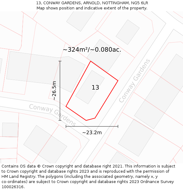 13, CONWAY GARDENS, ARNOLD, NOTTINGHAM, NG5 6LR: Plot and title map