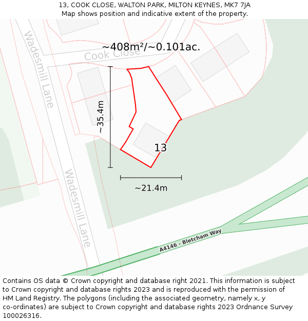 13, COOK CLOSE, WALTON PARK, MILTON KEYNES, MK7 7JA: Plot and title map