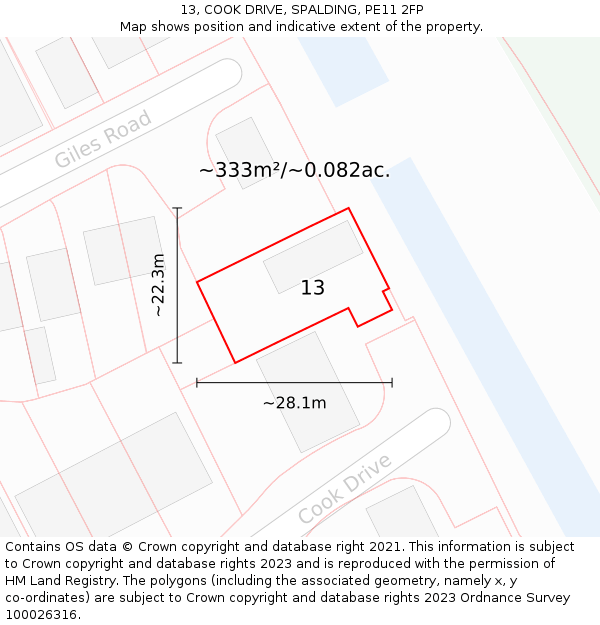 13, COOK DRIVE, SPALDING, PE11 2FP: Plot and title map