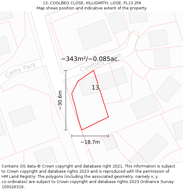 13, COOLBEG CLOSE, KILLIGARTH, LOOE, PL13 2FA: Plot and title map