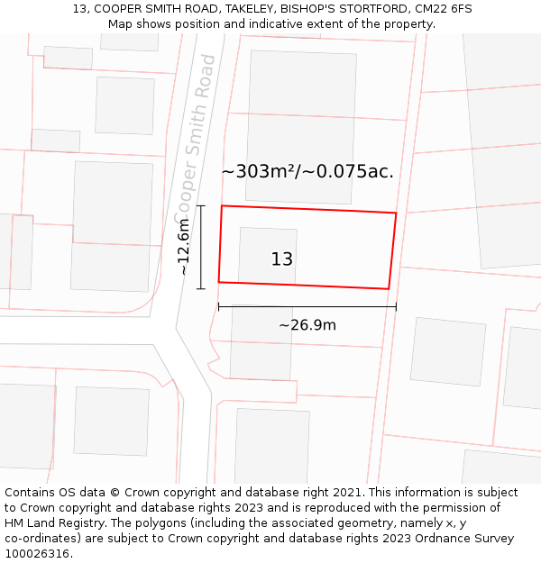 13, COOPER SMITH ROAD, TAKELEY, BISHOP'S STORTFORD, CM22 6FS: Plot and title map