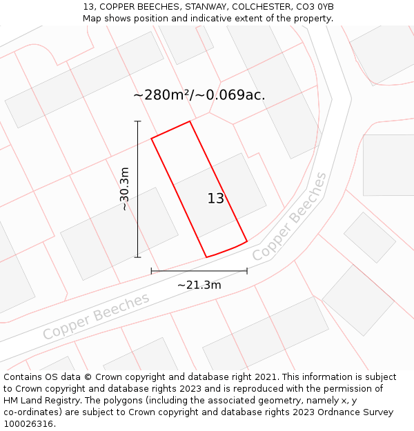 13, COPPER BEECHES, STANWAY, COLCHESTER, CO3 0YB: Plot and title map