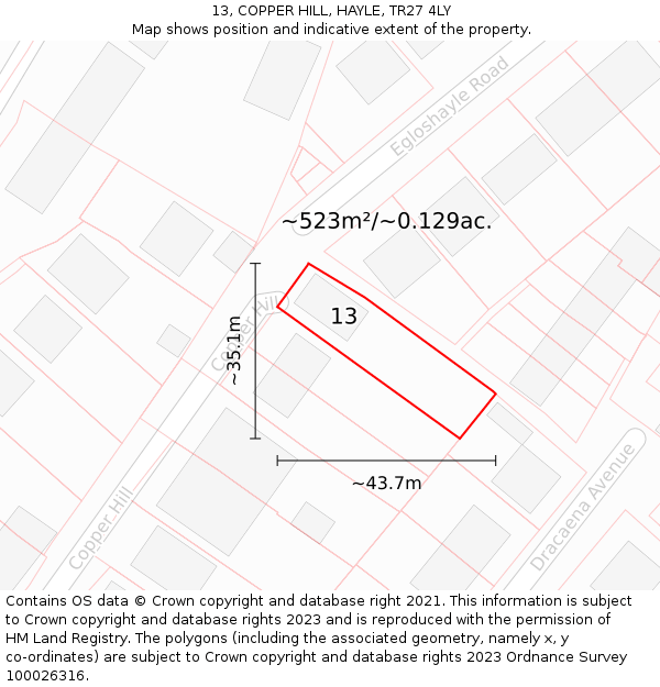 13, COPPER HILL, HAYLE, TR27 4LY: Plot and title map