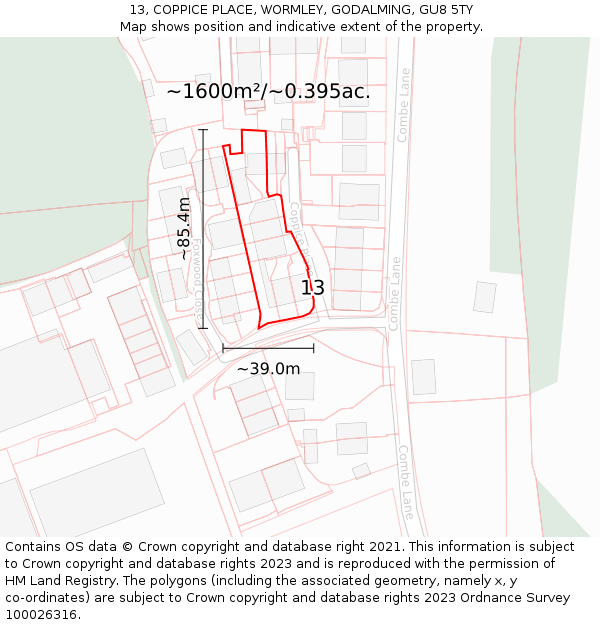 13, COPPICE PLACE, WORMLEY, GODALMING, GU8 5TY: Plot and title map
