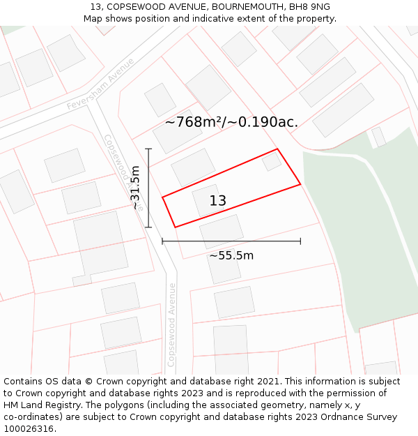 13, COPSEWOOD AVENUE, BOURNEMOUTH, BH8 9NG: Plot and title map
