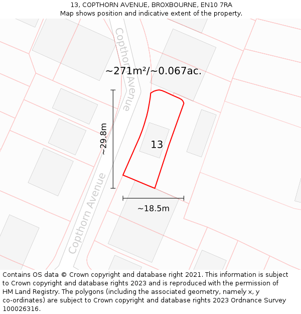 13, COPTHORN AVENUE, BROXBOURNE, EN10 7RA: Plot and title map