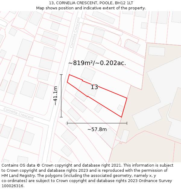 13, CORNELIA CRESCENT, POOLE, BH12 1LT: Plot and title map