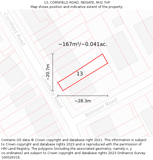 13, CORNFIELD ROAD, REIGATE, RH2 7HF: Plot and title map