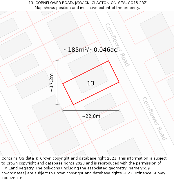 13, CORNFLOWER ROAD, JAYWICK, CLACTON-ON-SEA, CO15 2RZ: Plot and title map