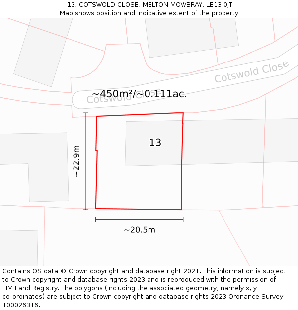 13, COTSWOLD CLOSE, MELTON MOWBRAY, LE13 0JT: Plot and title map