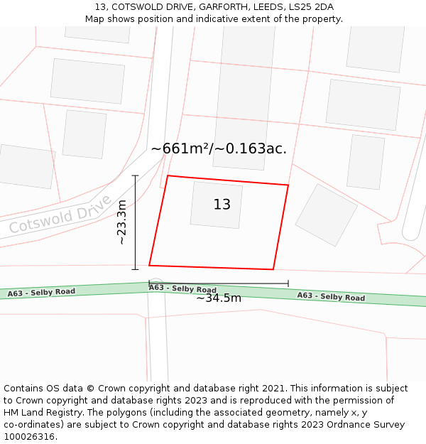 13, COTSWOLD DRIVE, GARFORTH, LEEDS, LS25 2DA: Plot and title map