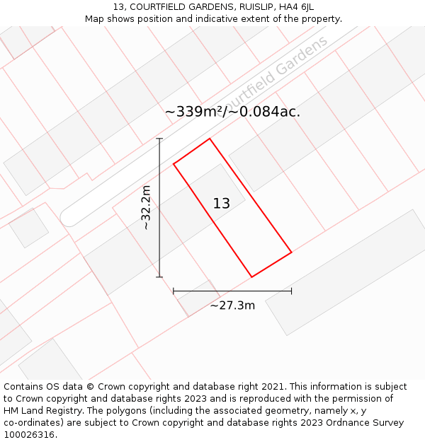 13, COURTFIELD GARDENS, RUISLIP, HA4 6JL: Plot and title map