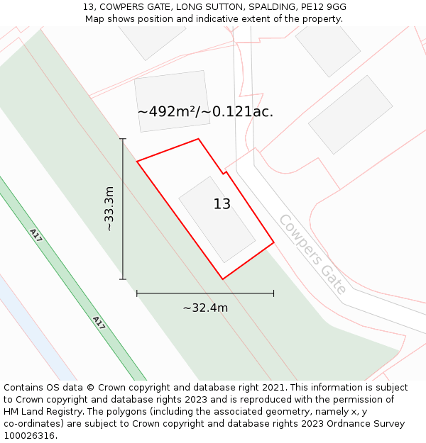 13, COWPERS GATE, LONG SUTTON, SPALDING, PE12 9GG: Plot and title map