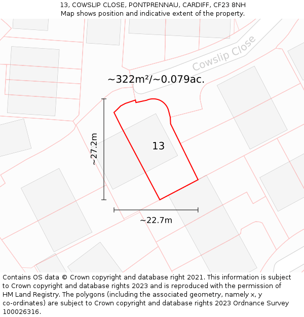 13, COWSLIP CLOSE, PONTPRENNAU, CARDIFF, CF23 8NH: Plot and title map