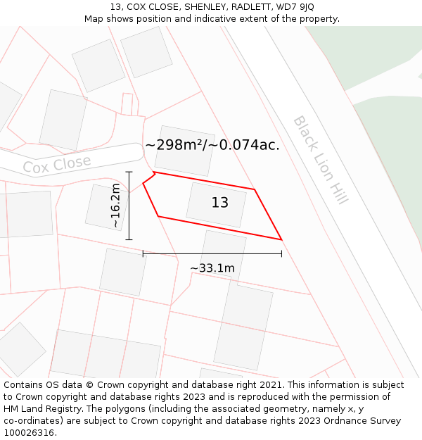 13, COX CLOSE, SHENLEY, RADLETT, WD7 9JQ: Plot and title map