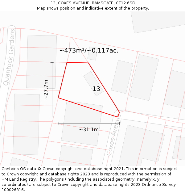 13, COXES AVENUE, RAMSGATE, CT12 6SD: Plot and title map