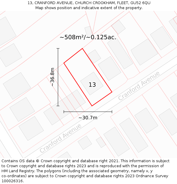 13, CRANFORD AVENUE, CHURCH CROOKHAM, FLEET, GU52 6QU: Plot and title map