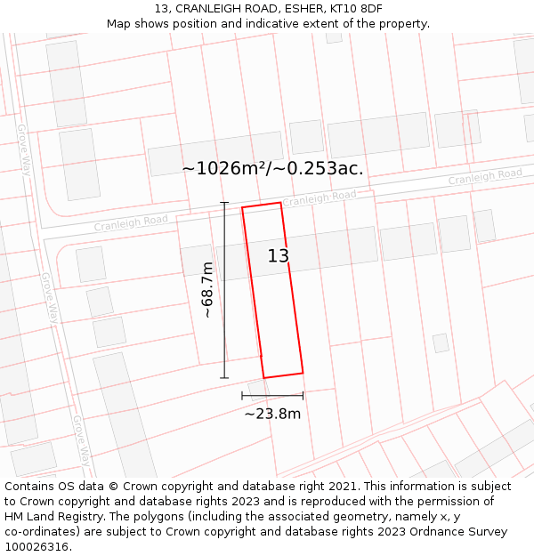 13, CRANLEIGH ROAD, ESHER, KT10 8DF: Plot and title map