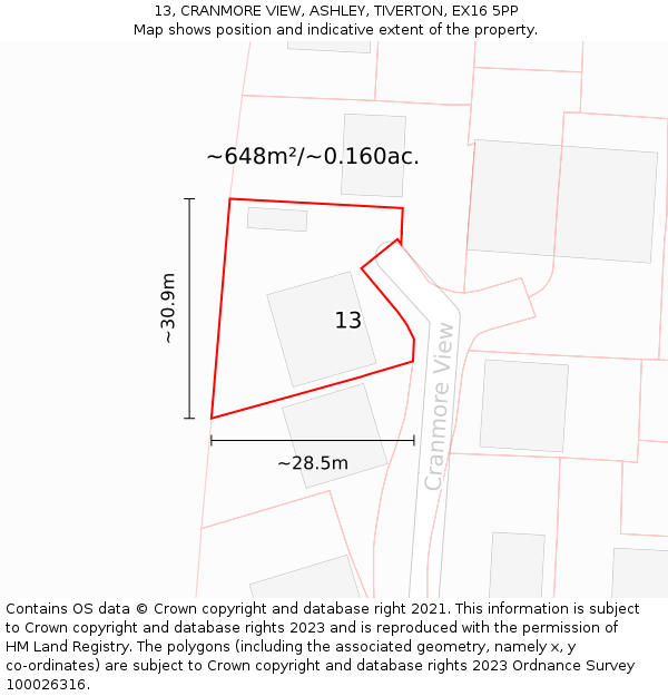 13, CRANMORE VIEW, ASHLEY, TIVERTON, EX16 5PP: Plot and title map