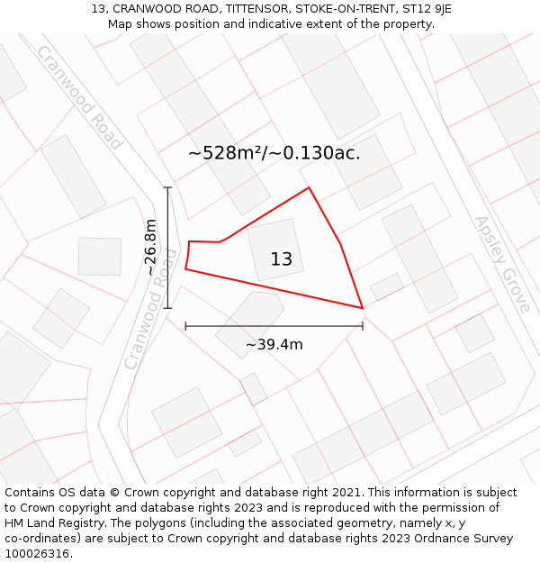 13, CRANWOOD ROAD, TITTENSOR, STOKE-ON-TRENT, ST12 9JE: Plot and title map