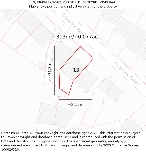 13, CRAWLEY ROAD, CRANFIELD, BEDFORD, MK43 0AA: Plot and title map