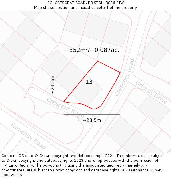 13, CRESCENT ROAD, BRISTOL, BS16 2TW: Plot and title map