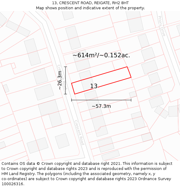 13, CRESCENT ROAD, REIGATE, RH2 8HT: Plot and title map